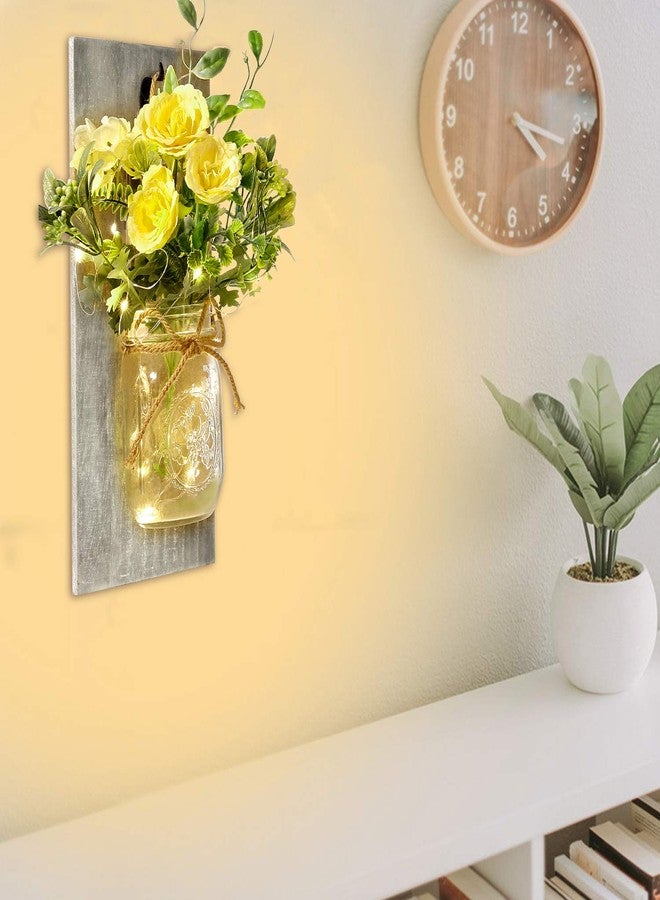 Homecor Wall Decor Mason Jar Sconces - Rustic Farmhouse Home Decor with Remote Control Wall Lights and Yellow Rose for Bedroom Wall Decor Living Room Kitchen Decorations Set of Two - Image 2